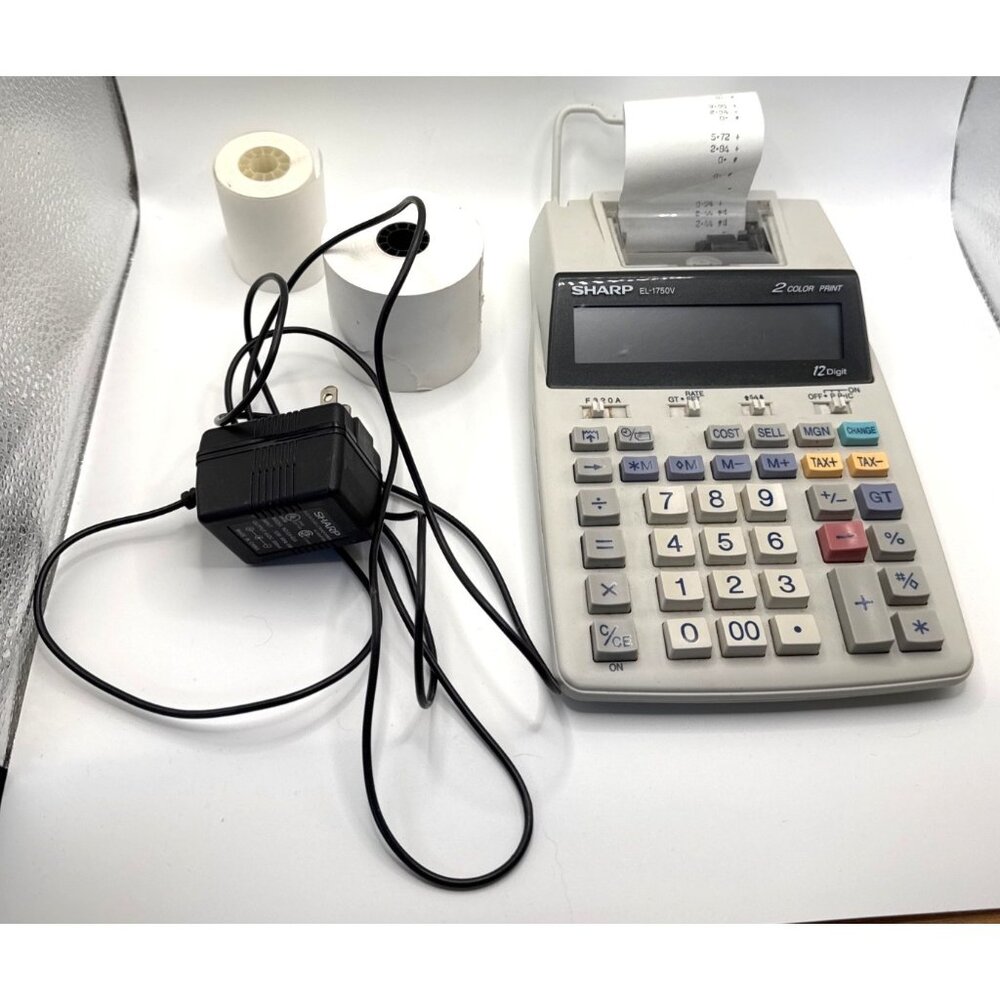 Sharp EL1750V Printing Calculator with AC Adapter plus  2 Rolls Of Paper Works